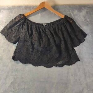 Ambiance Womens S Black Lace Off Shoulder Top‎ Sheer Lined Cropped Boho Romantic